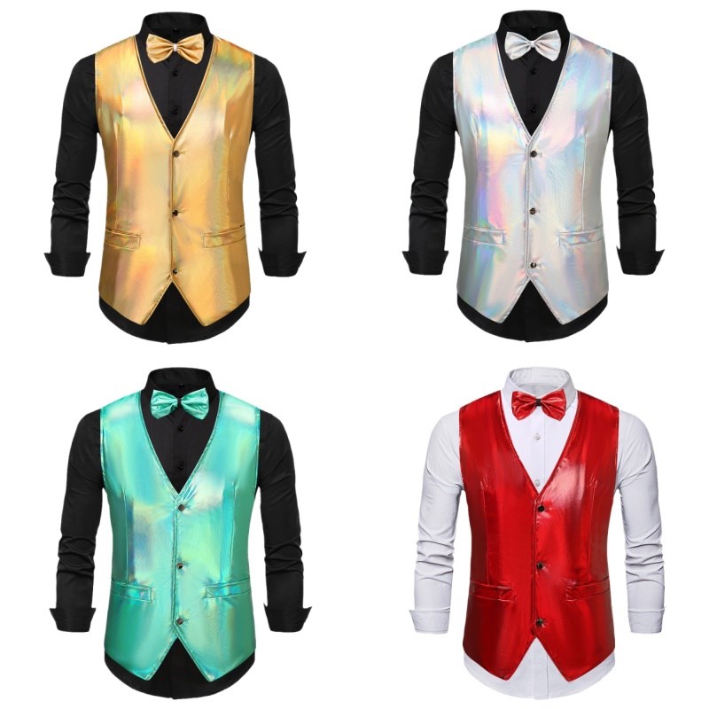 男士加大码西装背心主持人歌手舞台表演服金银P色亮面仿皮西服马