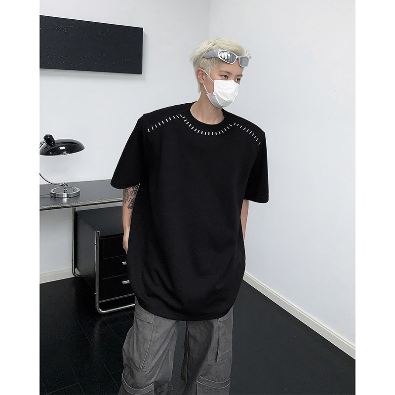 夏季小众金属装饰设计感垫肩短袖TE恤男潮牌网红高街重磅半袖上衣