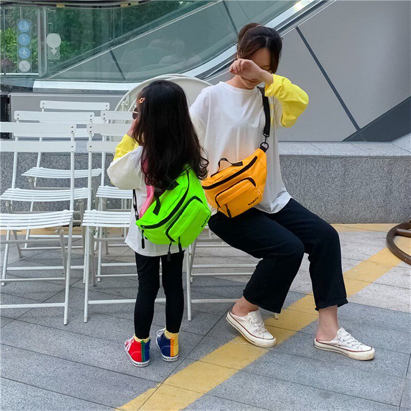 新款亲子纯色潮流大容量斜跨胸包韩版男女童帅气旅行洋气百搭腰包