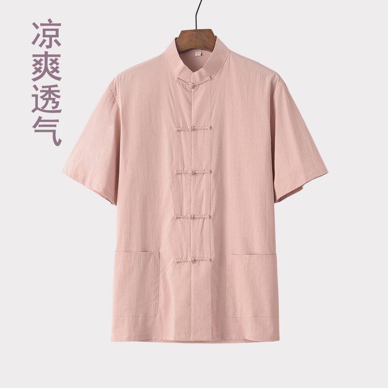 中青年男装短袖夏季薄款唐装男中国风弹力麻半袖中式复.古盘扣衬