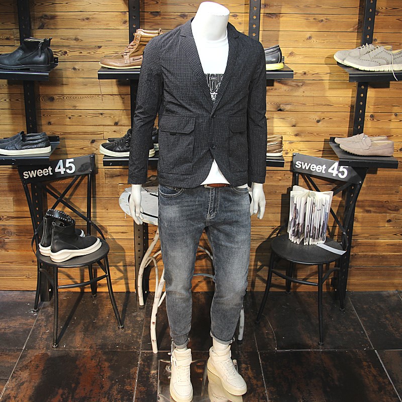 春夏男士格子小西服外套时尚青年帅气修身单西W夹克上衣外套