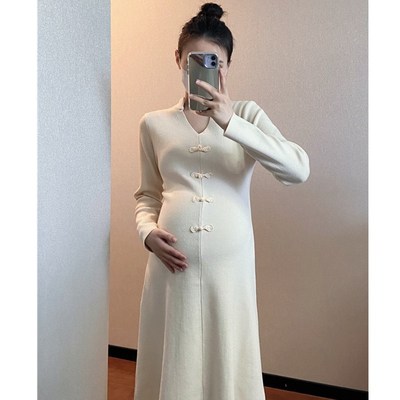 文文家针织孕妇装秋冬女r旗袍风盘扣连衣裙时尚辣妈长款A字毛衣裙