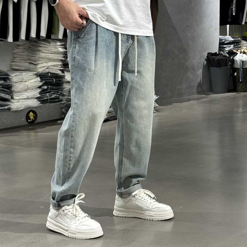 美式复古水洗薄款小直筒牛仔裤男2024夏季新O款松紧腰系带宽松长