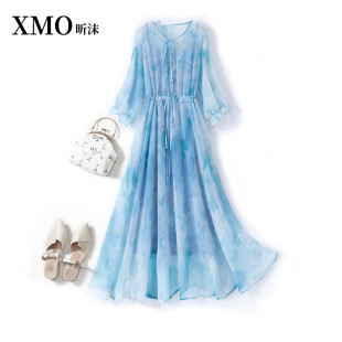 优雅蓝色碎花雪纺连衣裙超仙中袖 夏 松紧抽绳收腰显瘦a字长裙大码