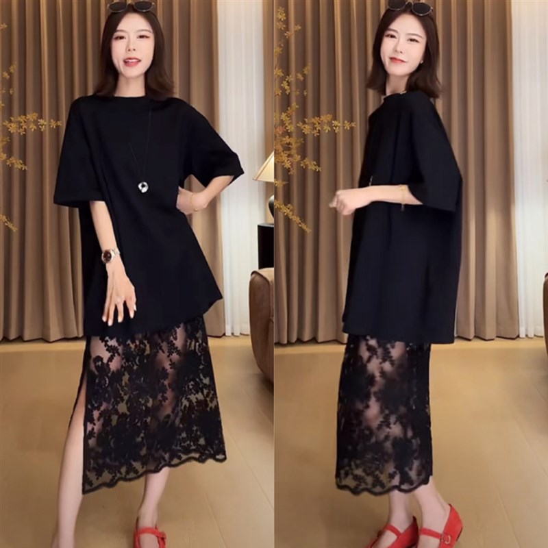 欧货宽松大版短袖T恤连衣裙女夏季洋气叠穿拼接蕾丝半身裙两件套