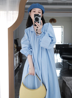 春装孕妇装长袖衬衫连衣裙过膝蓝色宽松显瘦气质初春孕妇长裙法式