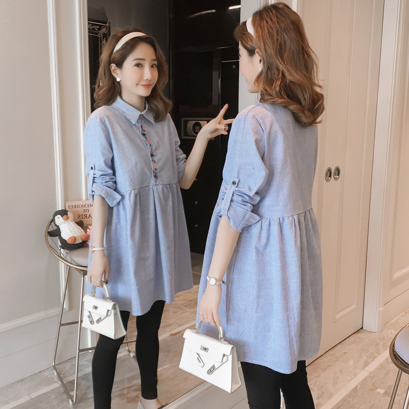 孕妇衬衣裙春装新k款时尚长袖宽松上衣韩版大码百搭中长款条纹衬