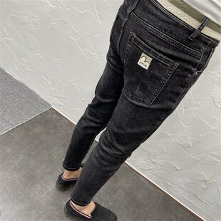 腰带水洗黑灰刺绣修身小脚牛仔长裤男潮秋流行青春中Y低腰微弹休