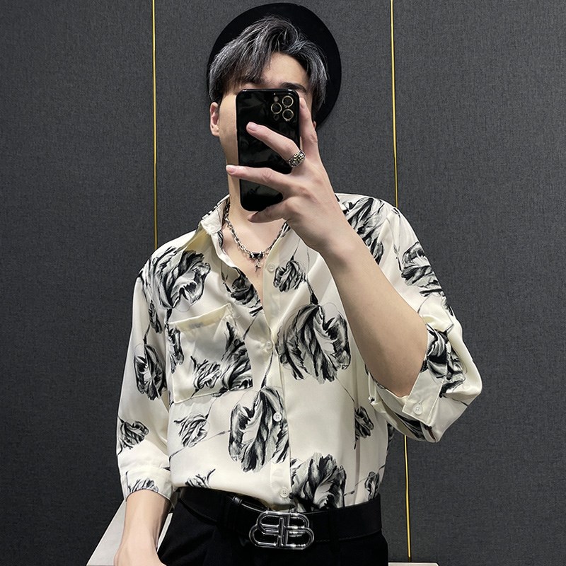花衬衫男b七分袖上衣薄款短袖2025新款夏季半袖衬衣男百搭西装内