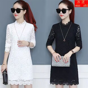 女士秋冬装大码新款加绒蕾丝衫长袖打底衫t恤女中长款连衣裙上衣
