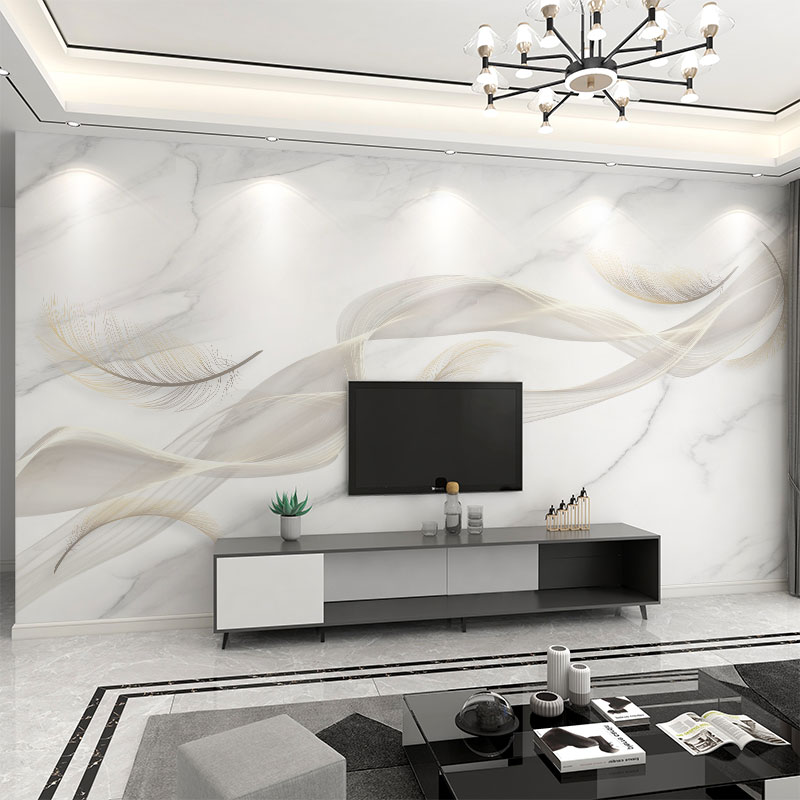 墙纸定制3d立体大理石纹羽毛电视背景墙壁纸O客厅壁布装饰墙布壁