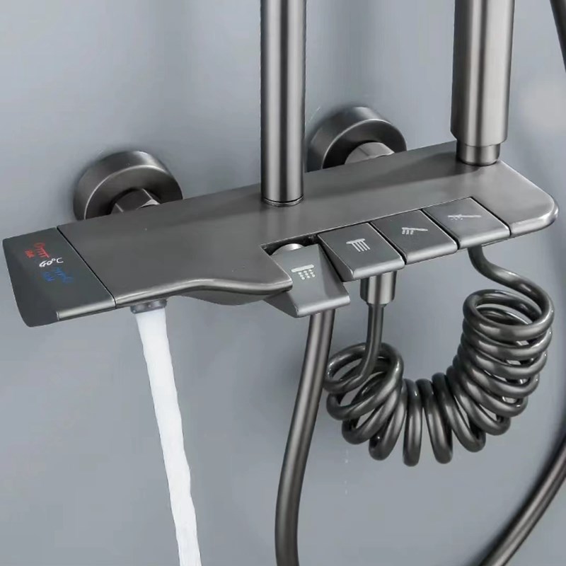 恒温花洒灰色淋j浴套装全铜钢琴按键四档增压拉丝枪灰淋浴冷热龙