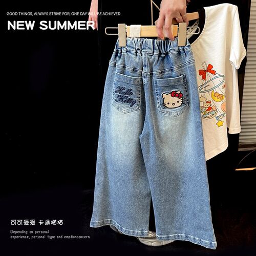韩版女童刺绣卡通牛仔裤2025夏季儿童洋气休闲裤夏装宽松阔腿裤子