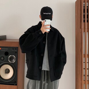 男装短款呢子大衣l春秋季新款休闲宽松韩版英伦风翻领夹克毛呢外