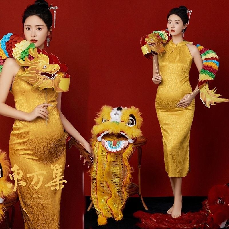 24年龙年影楼新年主题新款复古中国风黄色旗袍孕妈咪艺术照摄影服
