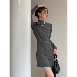 灰色打底连衣裙女包臀短裙秋冬内搭小个子高级感半高领长袖T恤裙