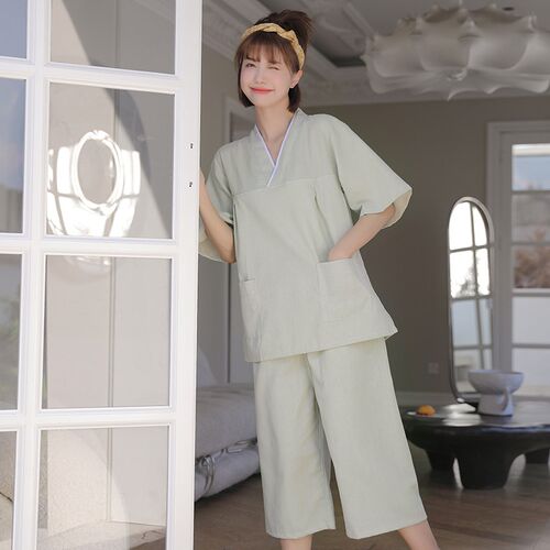 亚麻汗蒸服女款大码o高档桑拿洗浴衣美容按摩足浴会所客人七分袖