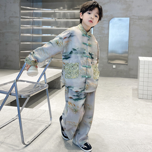 男童日常汉服春秋2024新款儿童中式国潮服装男孩水墨江山古风套装