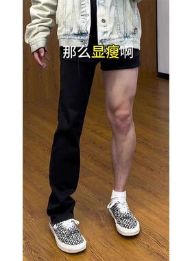 黑色高弹力弯刀微喇牛仔裤男夏季ootd穿搭显瘦显T腿长裤子直筒修