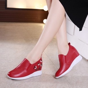 内增高休闲鞋女2021新款春秋季纯真皮鞋子红色软牛皮透气防臭皮鞋