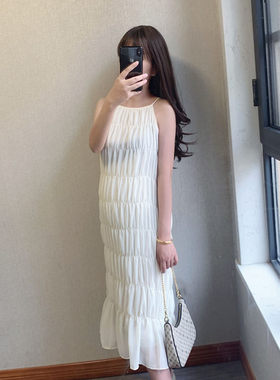 朱子妤自制夏季新款吊带无袖宽松雪纺甜美皱褶孕妇连衣裙背心裙子
