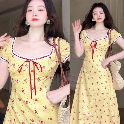 多巴胺夏日绝美裙子黄色碎花连衣裙女夏季穿搭2025新款法式长裙