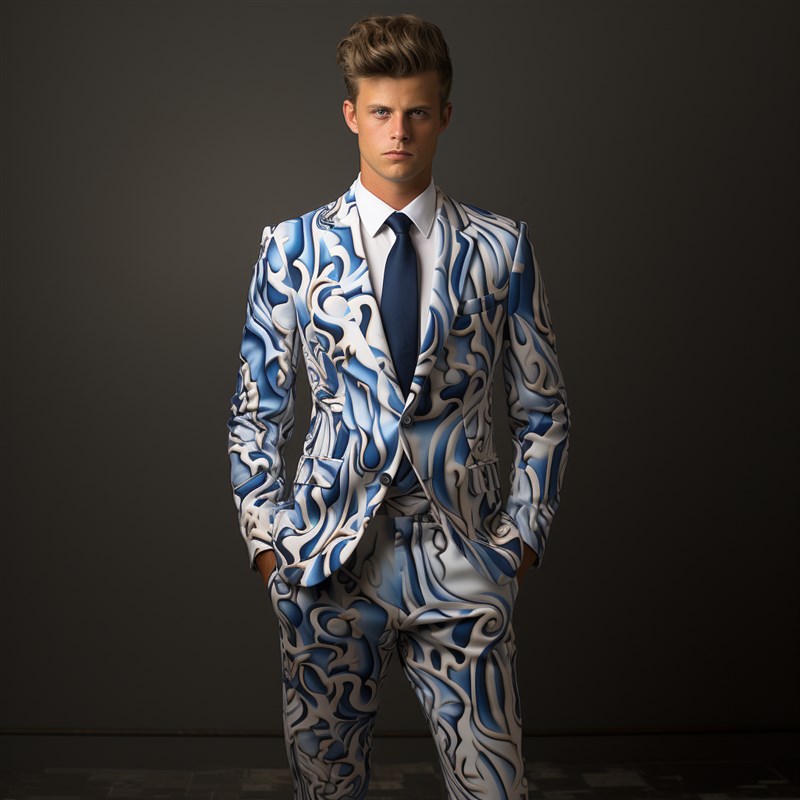 蓝色火焰复古花纹西装套装2024新H款流行男士韩版修身休闲西装