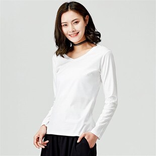 丝光棉女士圆领白色T恤长袖女基础款纯棉打底衫2020早春新款上衣