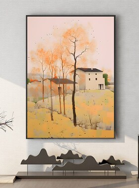 新中式玄关装饰画竖版老家故乡回忆画建筑房屋风景画走廊过道挂画