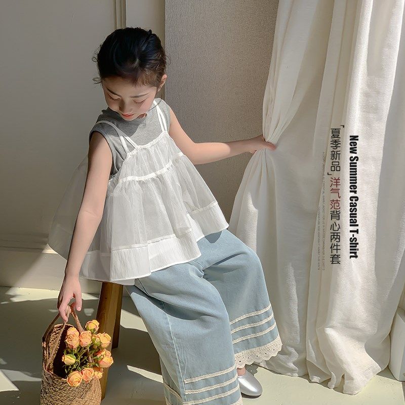 女童夏套装2025新款女孩夏季短袖T恤上衣洋气宝宝韩版网纱吊带衫,童装/婴儿装/亲子装,套装,淘宝优惠券,粉丝福利购,淘宝优惠卷