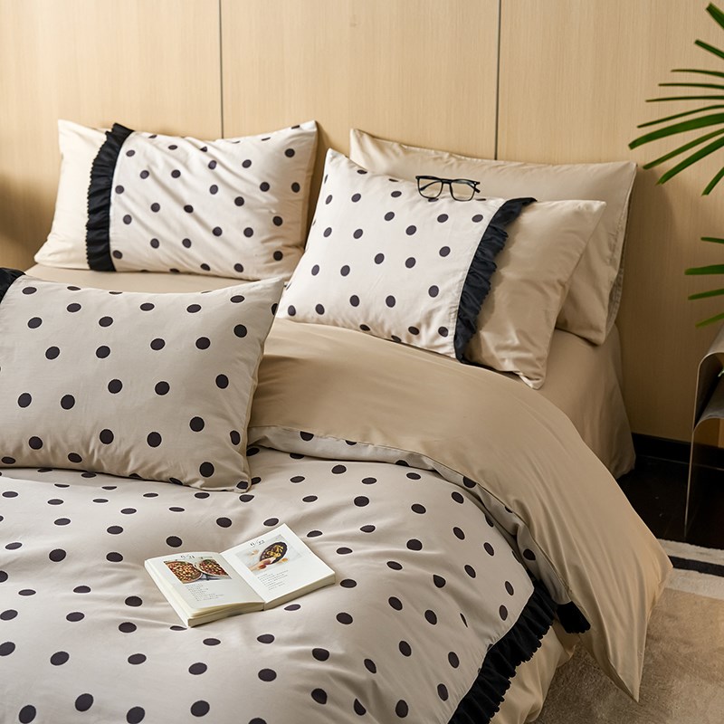 简约波点160支全棉四件套纯棉长绒棉被套家用1.8m床笠款Z床上用品