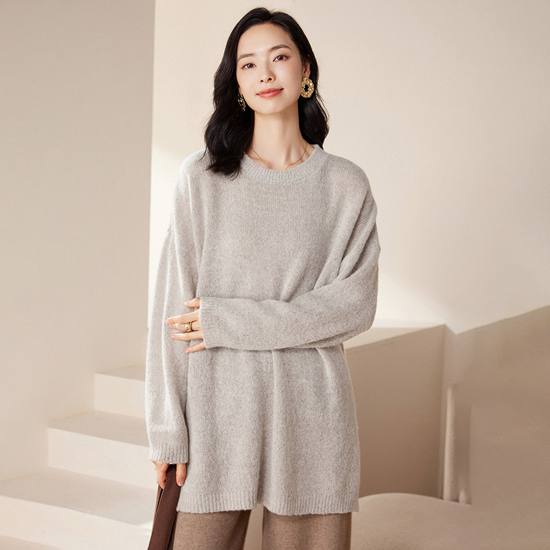 高端中长款圆领宽松臻绒100纯山羊绒女落肩袖毛衣秋冬打底针织衫,女装/女士精品,羊绒衫,淘宝优惠券,粉丝福利购,淘宝优惠卷