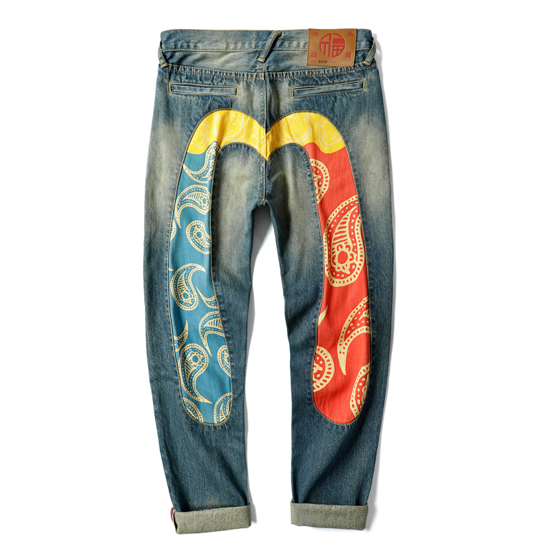 潮流元禄新款牛仔裤男大M拼接柔软宽松直筒大码做旧洗水2Z023新款
