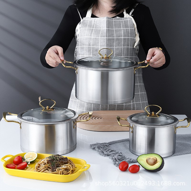 直角金色加厚不锈钢三p件套锅具厨房套装汤锅奶锅实用礼品厂家