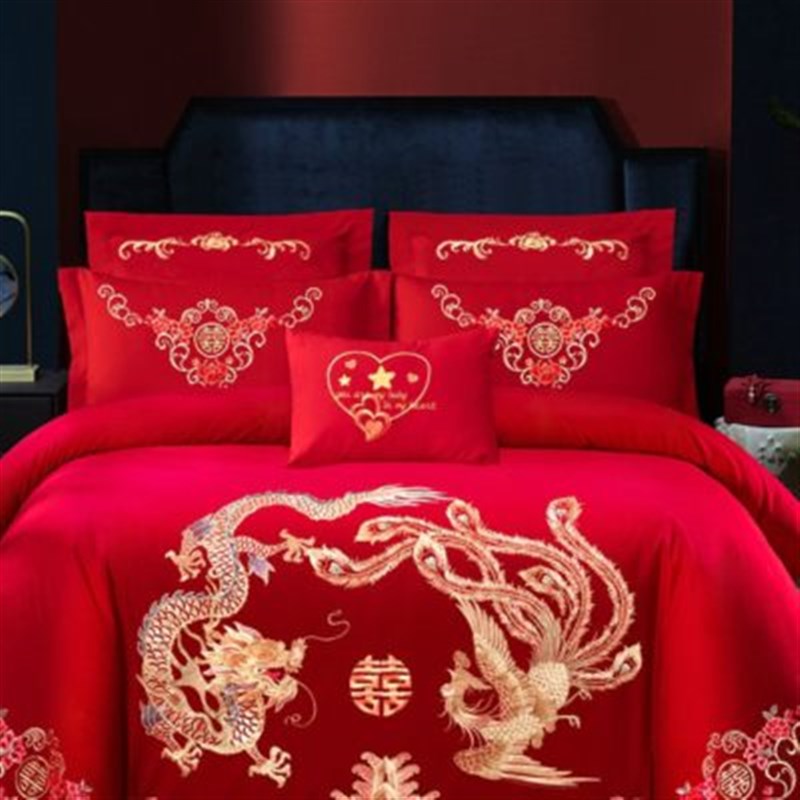 婚庆床裙款四件套结婚龙凤床上用品被套I床单刺绣大红色新婚礼礼