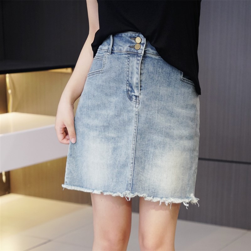 夏季新款大码高腰双扣毛边牛仔短裙110-200斤胖mm高弹力显瘦A字裙