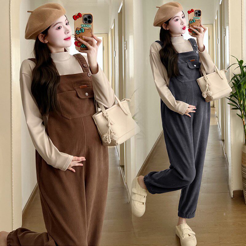 孕妇背带裤秋冬202n4新款孕妇裤休闲套装冬季加绒加厚欧棉绒吊带