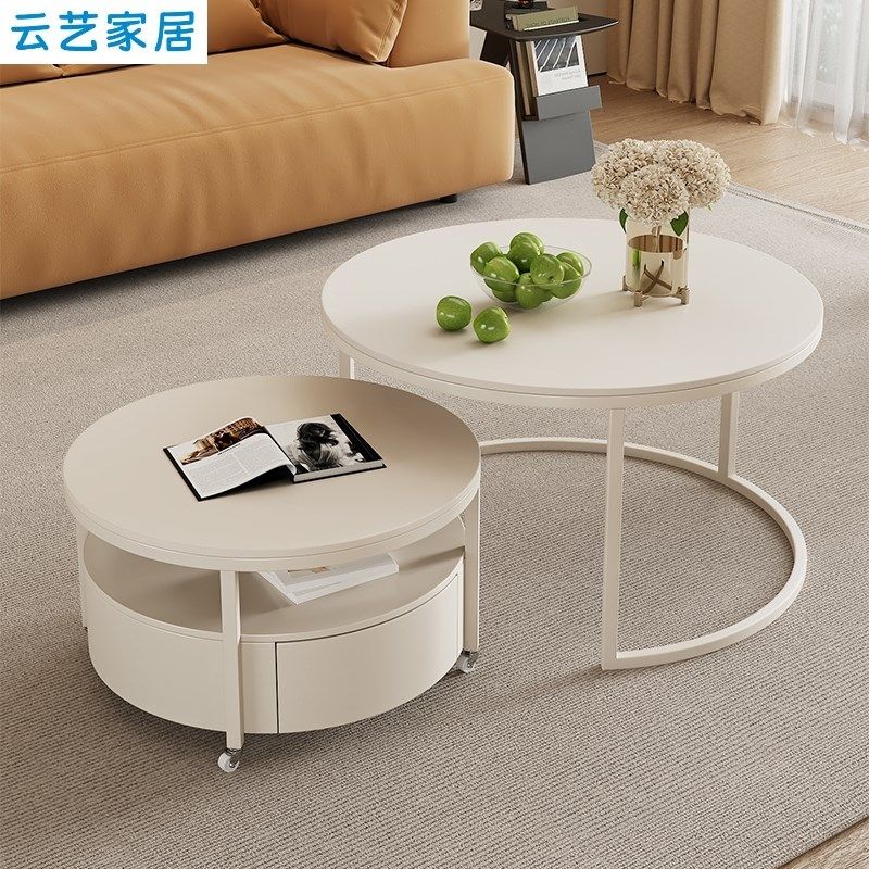 轻奢小户型茶几客厅家用现代简约岩板奶油风圆形茶几桌组合可移动,住宅家具,茶几,淘宝优惠券,粉丝福利购,淘宝优惠卷