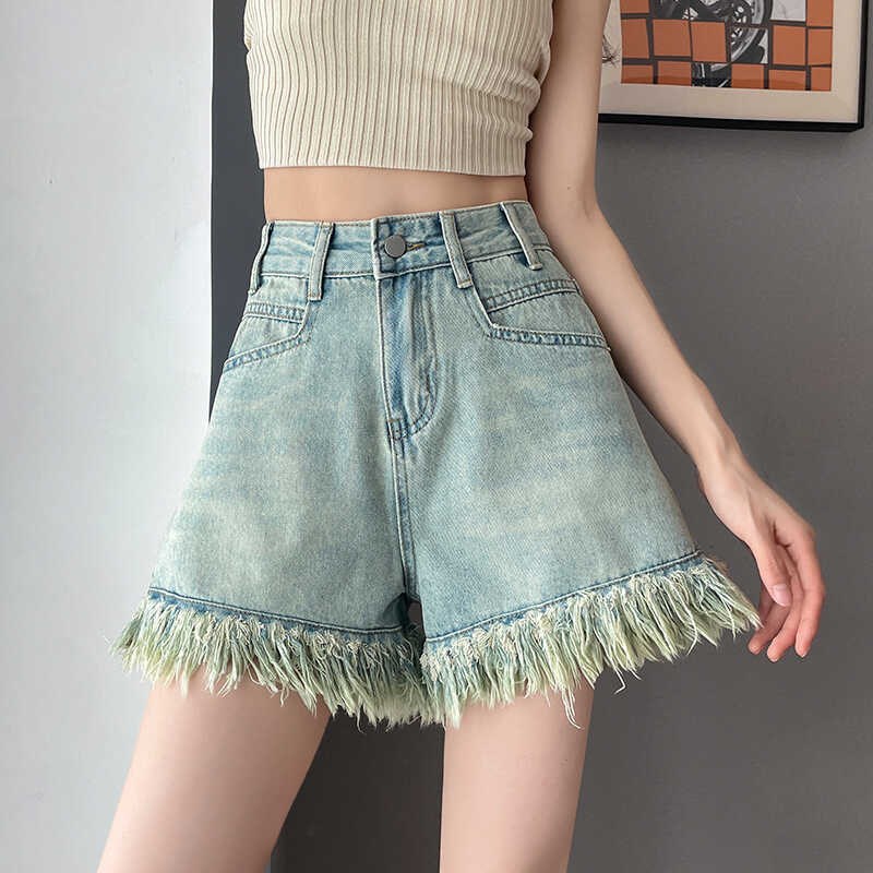 胖mm大码复古流苏毛边阔腿牛仔裤夏季新款高腰短裤女A字热裤子潮