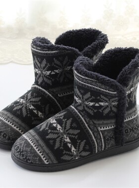 秋冬季棉拖鞋男士大码加绒v保暖家居靴高帮室内厚底毛拖鞋包跟防