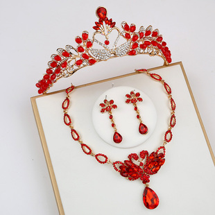 新娘敬酒服头饰三件套2021新款简单大气结婚红色婚纱礼服发饰品女