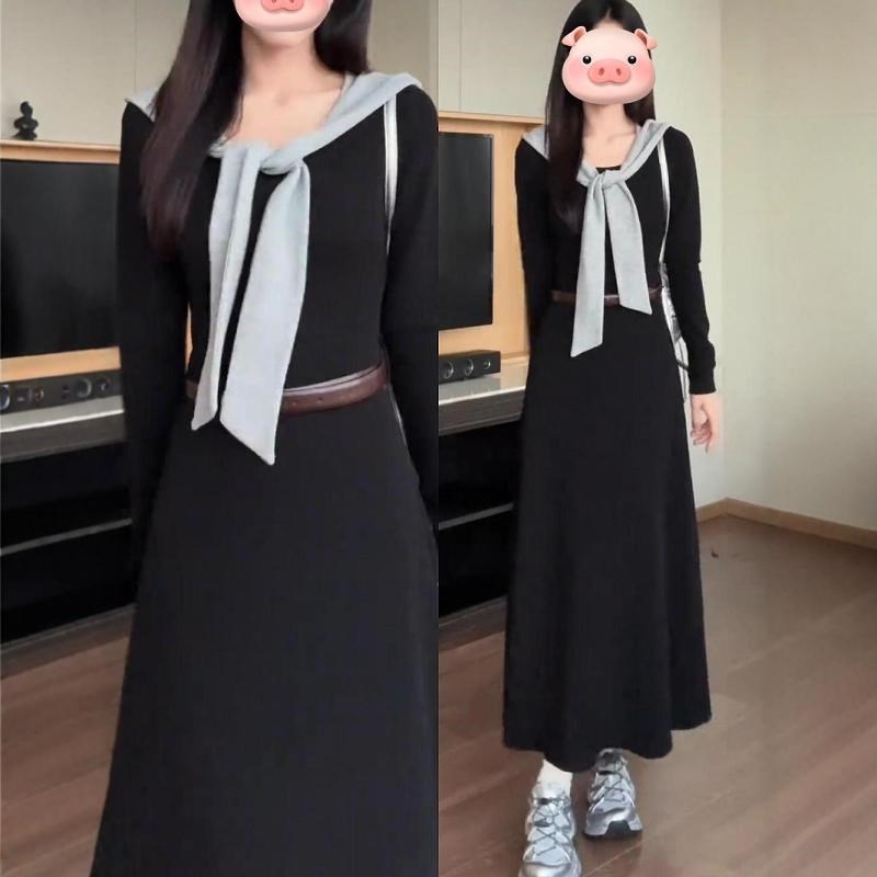 秋装搭配一整套高级感黑色连衣裙子女秋季20N24新款小个子收腰长