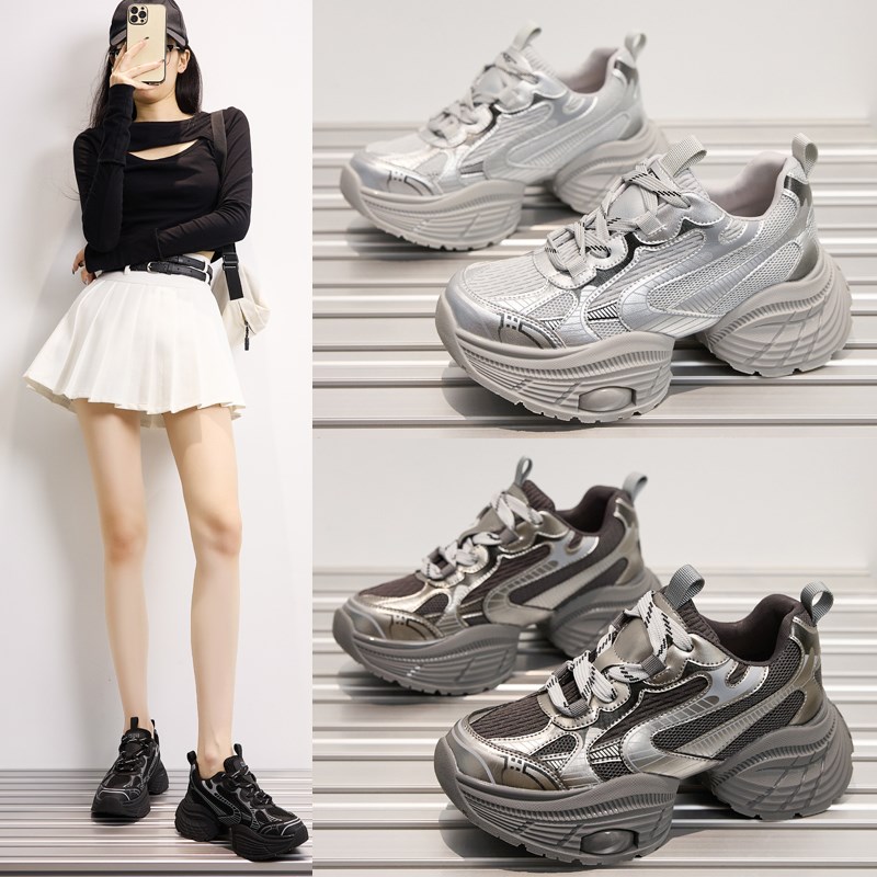 真皮爆款老爹鞋女7cm秋新款银色小码百搭松糕厚底增高运动休闲鞋