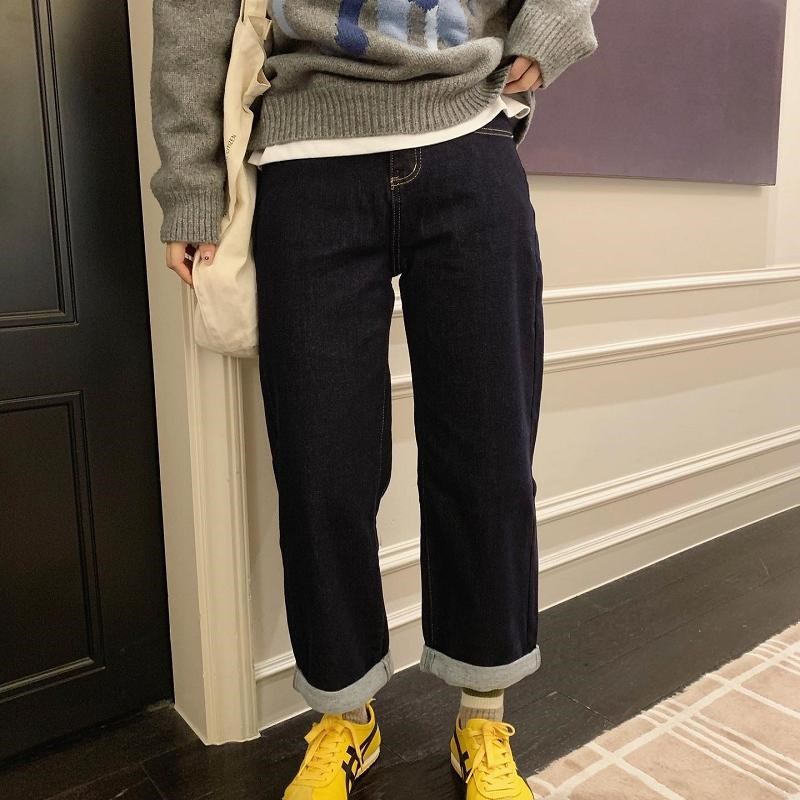徐蹦蹦 巨巨好穿显瘦 冬季高腰宽松翻边直筒加绒牛仔裤女萝卜裤