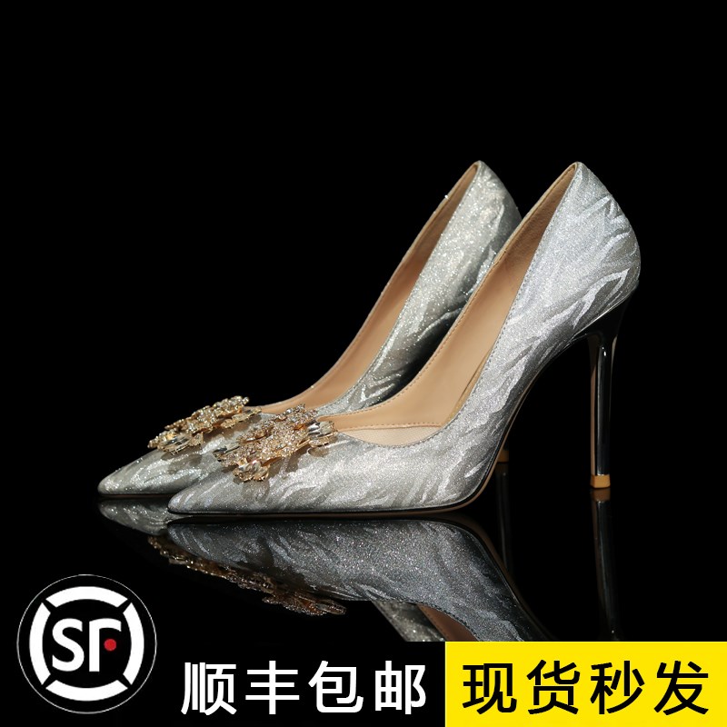 主纱婚鞋禾秀婚纱两穿新娘鞋女2025新款银色水晶高跟鞋礼服鞋婚礼