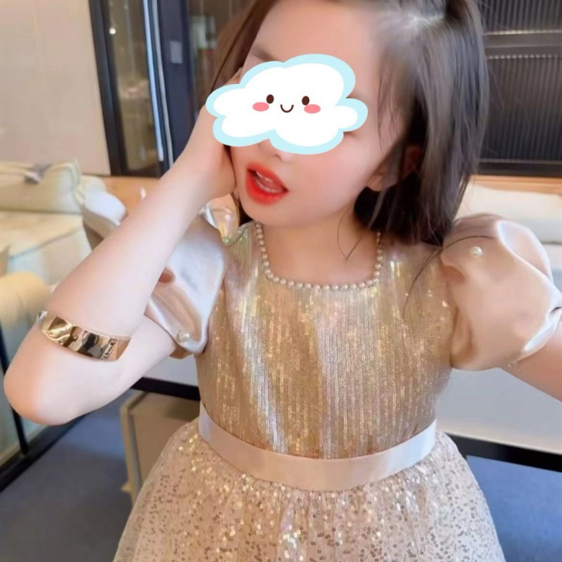 2024夏季新款女童气质高定闪闪连衣裙香槟珍珠礼服裙女孩主持裙子