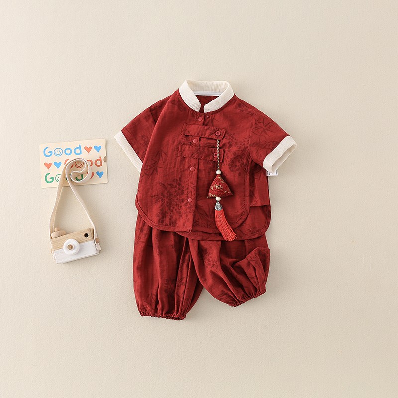 端午节宝宝衣服夏季薄款套装国风短袖长裤两件套1-3岁婴幼儿夏装