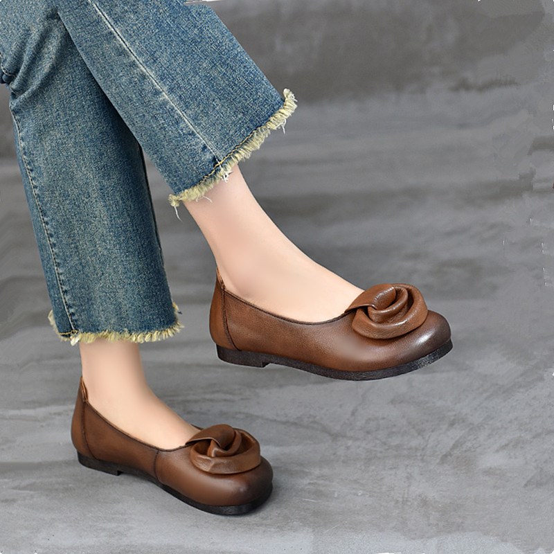 单鞋女春秋款真皮软底妈妈鞋超软舒适平底牛筋底中老年皮鞋豆豆鞋