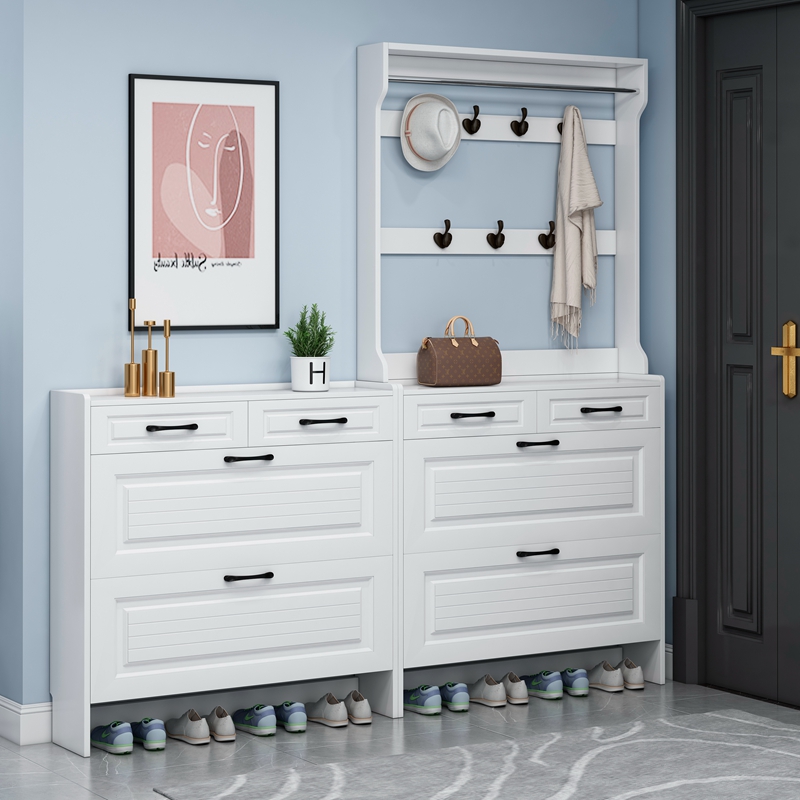 超薄翻斗鞋柜家用门口大容量门厅柜带挂衣架进门多功能白色窄鞋架