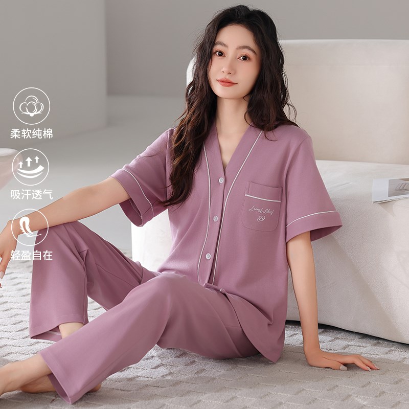 2025新款睡衣女夏季纯棉时尚家居服妈妈薄款短袖长裤休闲大码套装